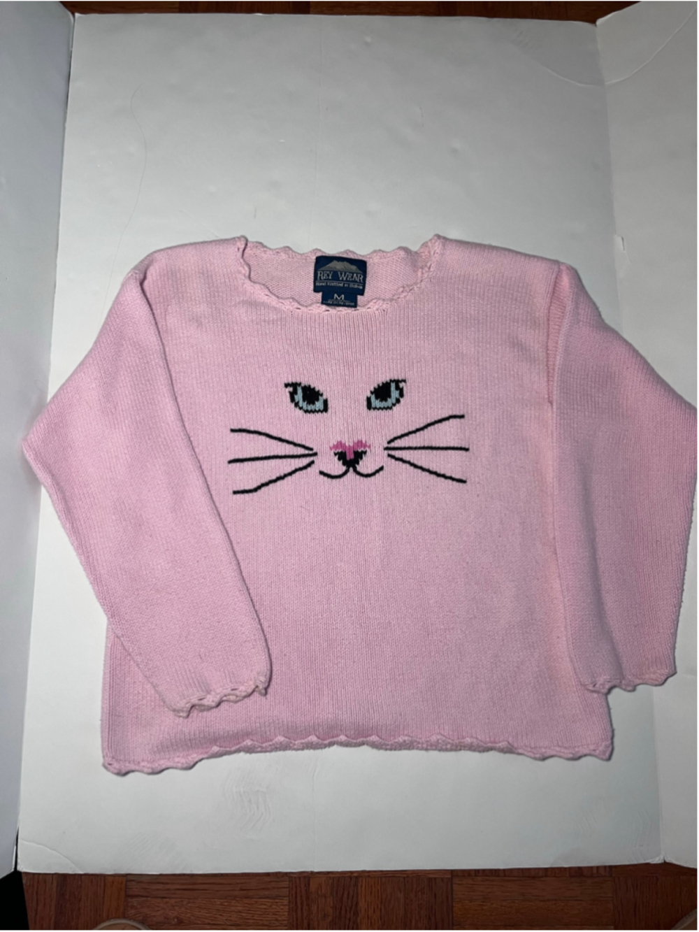 Vintage Rey Wear Hand Knit Pink Cat Face Sweater Medium Cottagecore Bolivia Grap
